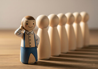 Happy Wooden Peg Doll Standing Out as a Leader in a Row
