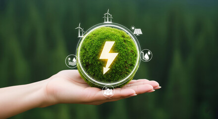 Green moss ball in hand, showcasing renewable energy sources like wind and solar, symbolizing sustainable energy and environmental conservation