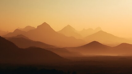 Obraz premium Golden sunset casting warm light over mountain peaks with soft sky gradient and distant haze in peaceful natural background