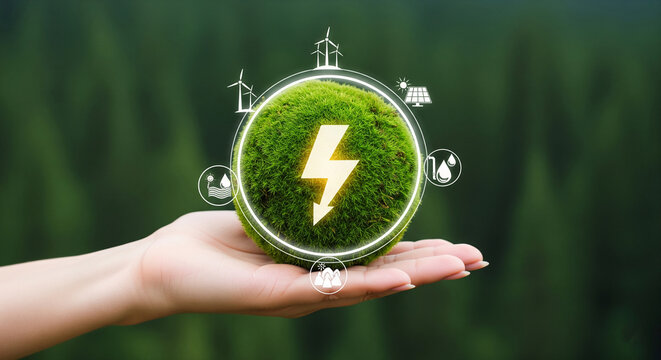 Green moss ball in hand, showcasing renewable energy sources like wind and solar, symbolizing sustainable energy and environmental conservation