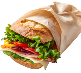 Freshly made sandwich with layers of vegetables and deli meats wrapped in paper on a clean surface