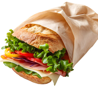Freshly made sandwich with layers of vegetables and deli meats wrapped in paper on a clean surface