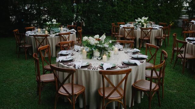 Outdoor evening wedding reception in a beautiful garden, elegantly set round tables with light linens, wooden chairs, white floral arrangements, and warm string lights, perfect for celebrations, love,