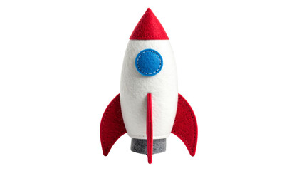 Gray felt rocket toy with white body and red fins plus blue window isolated on solid white background