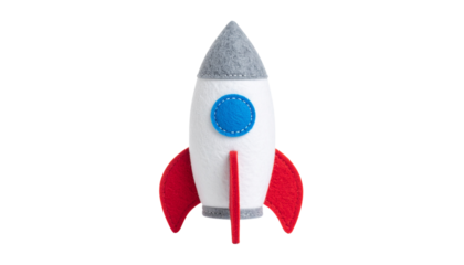 Gray felt rocket toy with white body and red fins plus blue window isolated on solid white background Png form