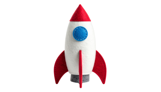 Gray felt rocket toy with white body and red fins plus blue window isolated on solid white background
