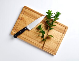 A light-toned wooden cutting board, a stainless steel knife with a black handle, and fresh green sprigs rest on a plain white background