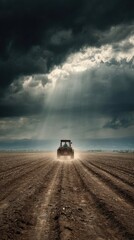 A farmer driving an old tractor across a field with freshly plowed soil, dust rising behind, dramatic sky overhead