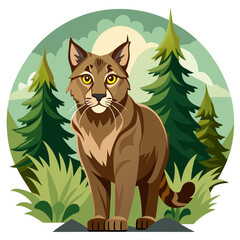 Serene Bobcat in Evergreen Forest:  Vector Illustration, Calm, Majestic Wildlife Scene