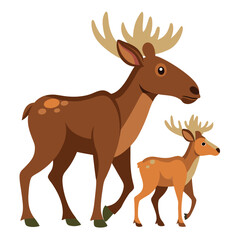 Fototapeta premium Cartoon Moose and Fawn, Walking Together, Friendly, Childlike Style, Wildlife Illustration