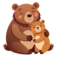 Happy Mother Bear and Cub: Cartoon Illustration, Warm and Loving Embrace, Childlike Style