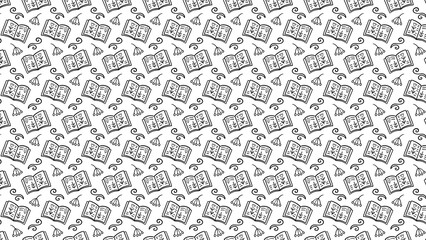 Obraz premium Repeated pattern of open books with flowers and berry clusters on a white background illustration