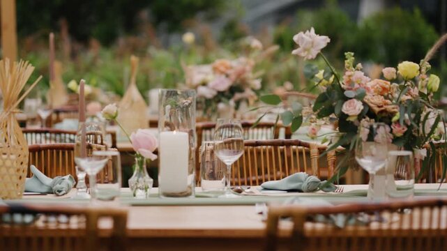 Elegant outdoor dining table set with pastel floral arrangements, candles, and rattan decor&mdash;perfect for a rustic or garden wedding reception.