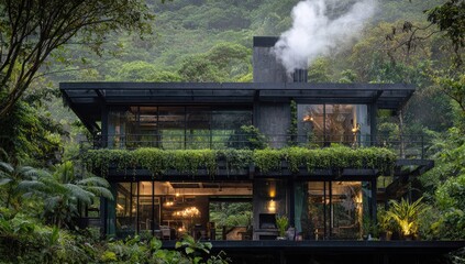 Fototapeta premium Modern, minimalist house nestled in lush jungle
