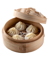 Steamed dumplings in a bamboo steamer, showcasing traditional Asian cuisine with a serene background