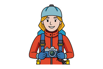 Happy cartoon adventurer with camera and backpack ready for outdoor exploration and photography
