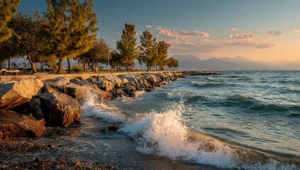 Lakeside sunset view with waves crashing on rocks