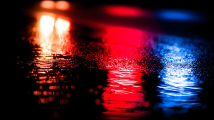 Glowing red and blue reflections on wet asphalt at night, evoking a cinematic urban atmosphere.