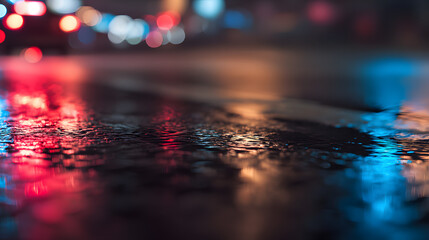 Glowing red and blue reflections on wet asphalt at night, evoking a cinematic urban atmosphere.