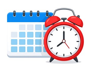 A simple illustration of a calendar and an alarm clock, set against a white background.  The calendar is light-blue, and the alarm clock is red.  The time is displayed.  Flat style