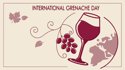 International Grenache Day Vector Art – Elegant Wine Glass with Ruby Grenache & Global Vineyard Map – Sophisticated Wine Celebration