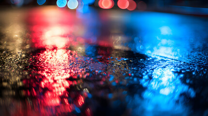 Glowing red and blue reflections on wet asphalt at night, evoking a cinematic urban atmosphere.