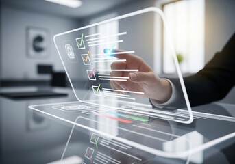 Hand Interacting with Holographic Checklist in Modern Office