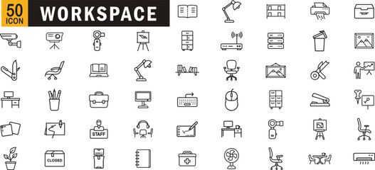 Workspace editable outline icon set. Desk, chair, lamp, office tools, computer, furniture and more.
