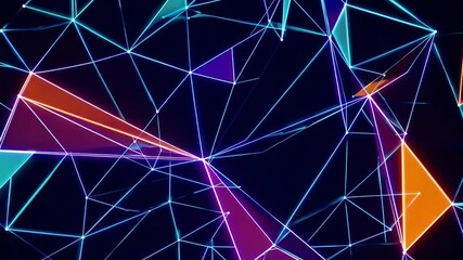 A futuristic network of interconnected lines and geometric shapes with glowing dots and colorful triangles against a dark background. - Powered by Adobe
