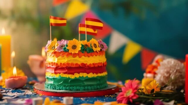 Colorful layered cake decorated with spanish flags for celebration party event concept