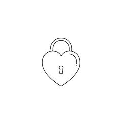 Simple line art of a heart-shaped padlock with a tiny keyhole in the center. Thin black lines on a plain white background, minimal and clean.