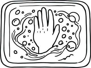 Handwashing Illustration – Black and White Vector Featuring Submerged Hand with Bubbles and Fluid Motion