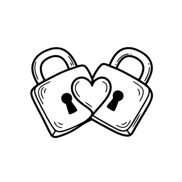 Naklejki Simple doodle-style line art of two padlocks slightly tilted toward each other, their shapes forming a heart in the middle. Imperfect, childlike black lines
