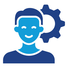 Customer Support Glyph Blue Silhouette Icon Vector Design - Smiling person with gear, symbolizing customer support, service efficiency, or personalized help