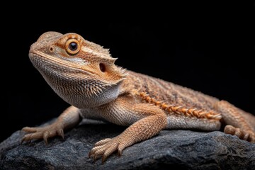 Obraz premium Bearded dragon on the rock with black background 