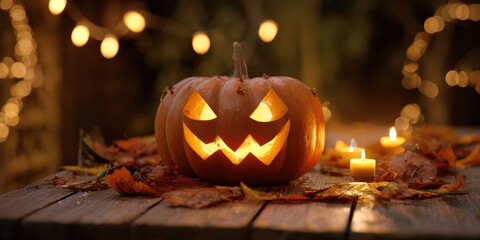 The illuminated Jack-o'-lantern surrounded by autumn leaves and candles.