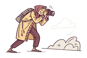 Joyful traveler captures scenic beauty with professional camera while exploring outdoor landscape