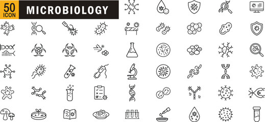 Microbiology editable outline icon set. Virus, bacteria, cells, DNA, lab tools, microscope and more.
