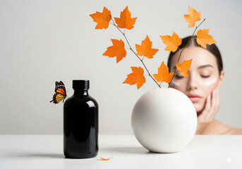 Serene Woman with Skincare, Autumn Leaves, and Flying Butterfly