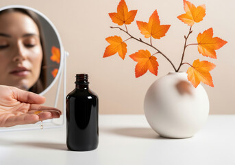 Woman's Hand Applying Skincare Oil with Autumn Leaves and Mirror Reflection