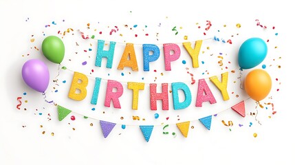 Happy birthday text design with colorful balloons confetti and pennants on white background for kids party invitation
