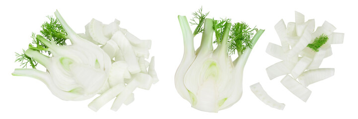 fresh fennel bulb half with slices isolated on white background with  full depth of field. Top...