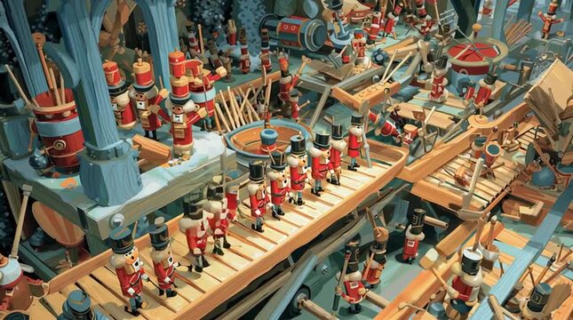 A magical toy assembly line in Santa&rsquo;s workshop, with elves crafting gifts amid whimsical machines. A vibrant, festive scene perfect for Christmas stories, holiday ads, and children&rsquo;s content.
