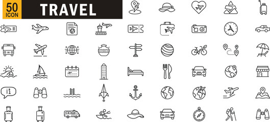 Travel outline icon set. Includes airplane, passport, luggage, car, hotel, map, beach, and vacation elements.
