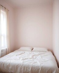 Fototapeta premium Tranquil bedroom scene featuring a minimalist setting with a soft color palette