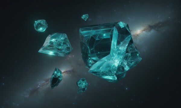 Teal crystals float amidst a starry expanse