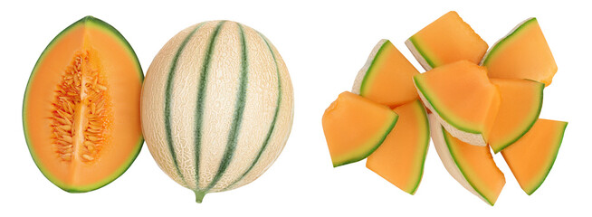 Cantaloupe melon isolated on white background with full depth of field. Top view. Flat lay