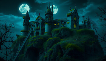 Ancient abandoned castle on a cliff, partially overgrown with glowing moss and vines, full moon night, mysterious ambiance