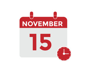 15 November, calendar date icon. 15 November Calendar Date for Deadlines or Appointment. Day, month. vector illustration.
