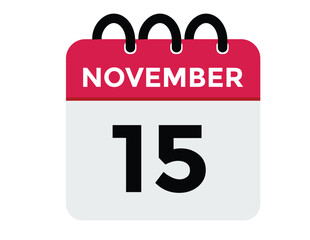 15 November, calendar date icon. 15 November Calendar Date for Deadlines or Appointment. Day, month. vector illustration.
